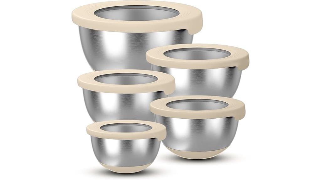 five stainless mixing bowls