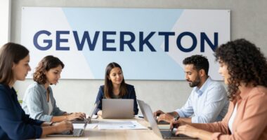 Five people work on laptops at a meeting table in front of a large wall banner reading GEWERKTON